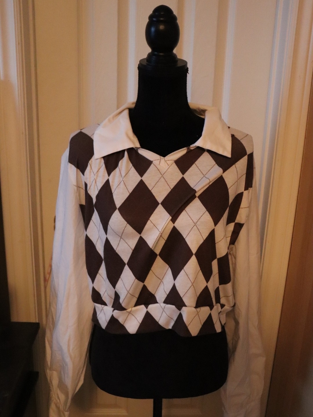 Brown & Cream Argyle Collared Women's Top